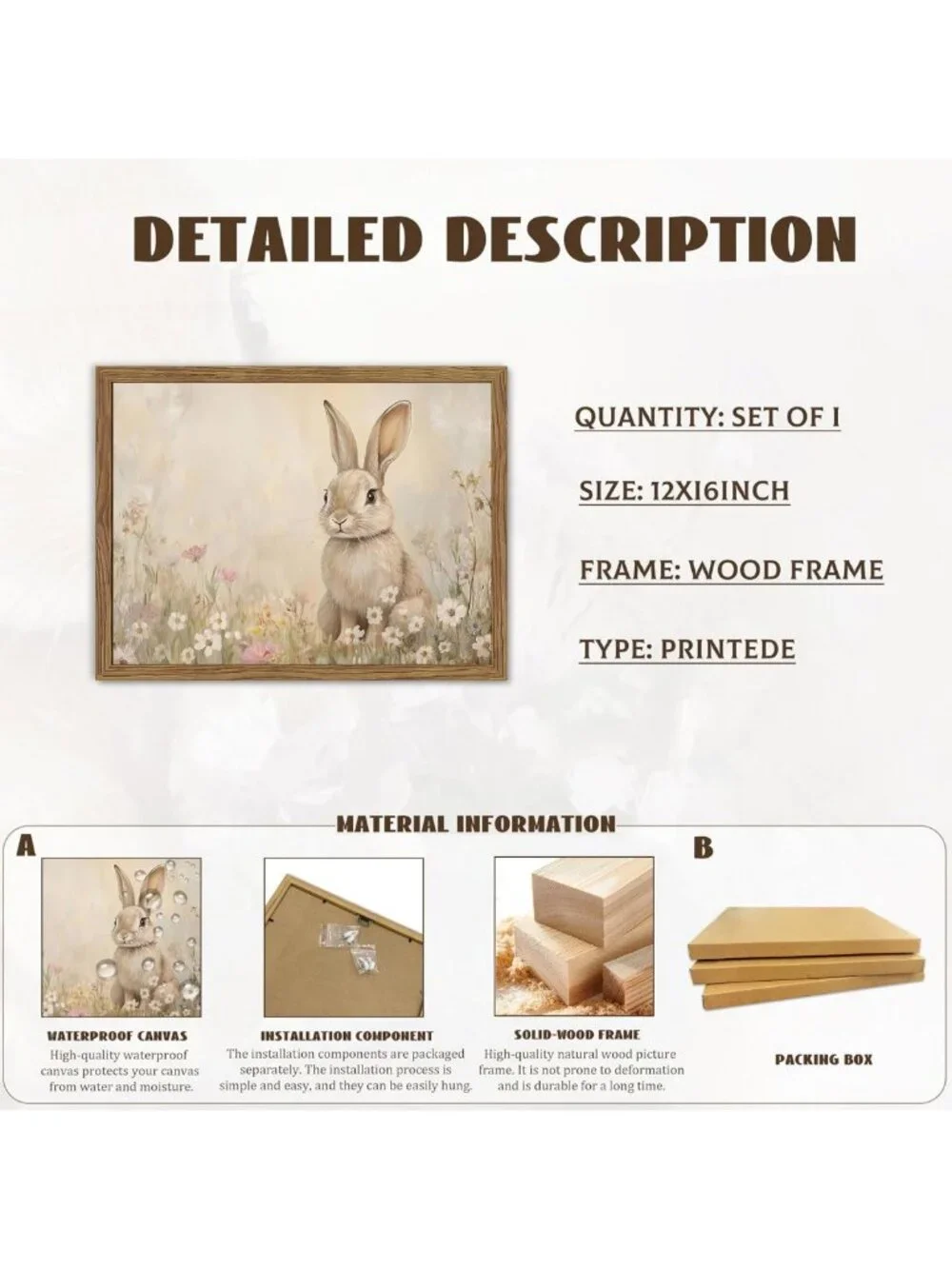 Spring Rabbit Wall Art - Vintage Floral Canvas Decor for Kids & Living Room